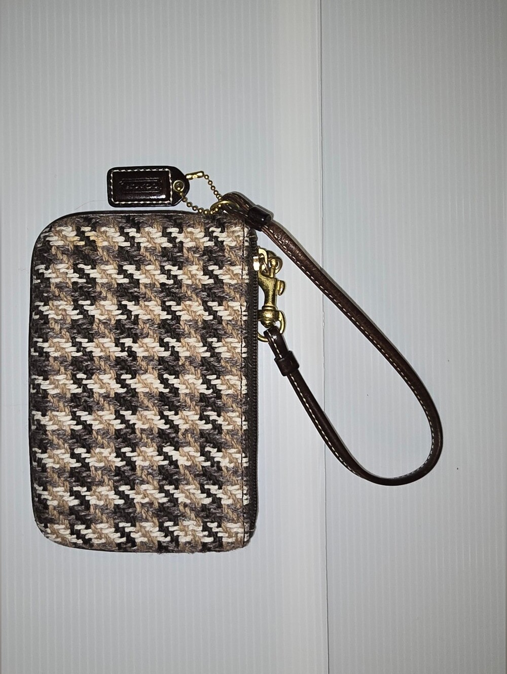 Y2K Vtg Vintage Coach Hamptons Wool Tweed Houndstooth Wristlet Wallet Coin Pouch